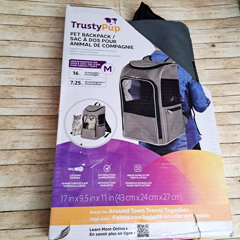 Trusty Pup Pet Backpack - Medium Backpack Carrier For Dogs & Cats Gray and Black